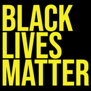Black square with yellow text reading Black Lives Matter
