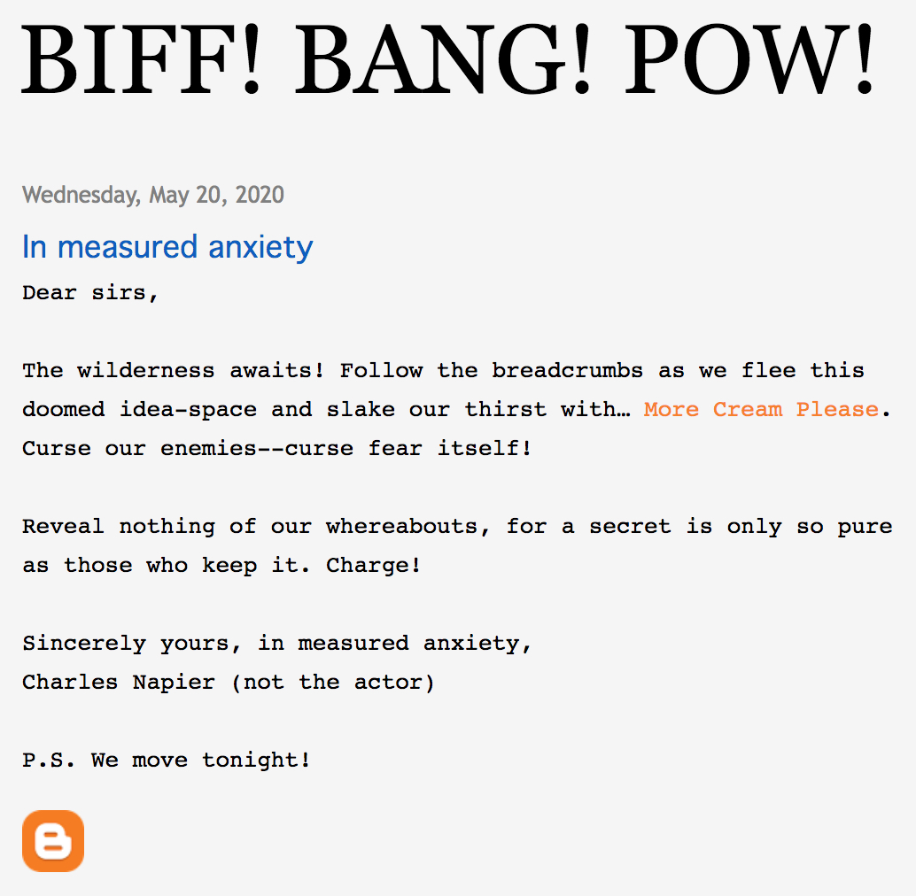 Prior correspondence from Biff! Bang! Pow!