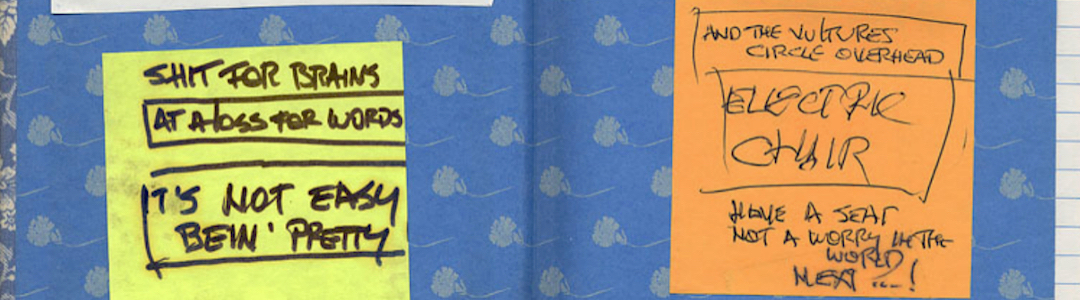 Image of Gene Simmons diary with handwritten lyrics and song titles