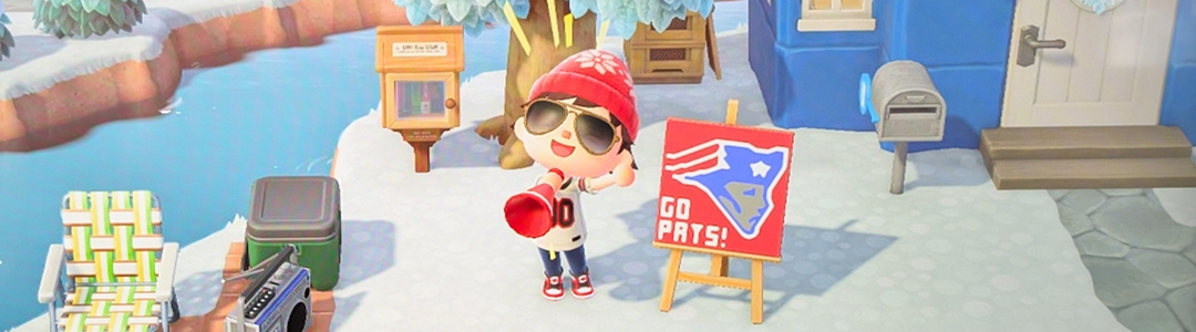 Mr Daddy cheering the Patriots on Animal Crossing island called Adventure